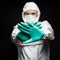 A man in a protective suit says stop the virus