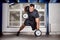 Man pull up barbell crossfit fitness training