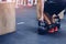 Man pulling kettlebells weights in the functional fitness gym