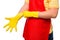 Man pulls a rubber glove on his hand
