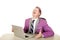 Man purple suit and hair laptop laugh