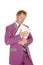 Man purple suit hold laptop tight aginst chest