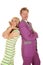 Man purple suit woman green dress stand funny face