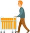 Man pushing cart with computer desktop yellow folders. Desktop pack element with documents, storage