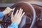 Man pushing horn while driving sitting of a steering wheel press car,