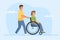 A man is pushing a wheelchair with a pretty young woman.