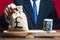 A man puts a pound sterling GBP money bag on the scales opposite to the dollar. Exchange rate, comparison of economic indicators.