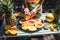 A man puts various grilled fruits on a dish. May holidays concept of vegetarian fruit barbecue, party, summer holidays