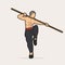 Man with quarterstaff action, Kung Fu pose graphic