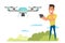 Man with radio controller and drone quadcopter flat vector illustration