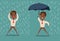 Man in the rain. Businessman go from the rain while another businessman has the umbrella.