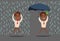 Man in the rain. Businessman go from the rain while another businessman has the umbrella.