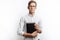 Man reading Bible, white background, book in hand close-up