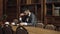 Man reading a book during coffee break. Man in classic suit sits in vintage interior, library, book shelves on