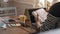 Man reading books at the desk with pen and ,Sign Contract Form filling petition form agreement of divorce,morning light