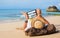 Man reading travel blog on beach