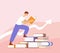 Man reads and going up the books. Color vector cartoon illustration