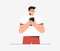 Man reads or watch positive news on the Internet in mobile phone. Flat style vector illustrataion