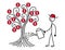 A man in a red hat watered a tree. On the tree grow dollars. Metaphor. Vector.