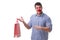 Man with a red nose funny holding a shopping bag gift present is