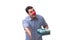 Man with a red nose funny holding a shopping bag gift present is