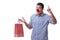 Man with a red nose funny holding a shopping bag gift present is