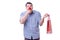 Man with a red nose funny holding a shopping bag gift present is