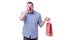 Man with a red nose funny holding a shopping bag gift present is