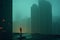 Man in red raincoat standing at the edge of a misty dystopian city