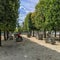 Man in red shirt rests on stone near Louise Bourgeois sculptures in the Tuileries, Paris, France