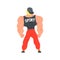 Man In Red Sportive Pants And Cap Bodybuilder Funny Smiling Character On Steroids Demonstrating Muscles As Strongman