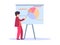 Man in a red suit shows a pointer to a chart. Round multicolored chart, presentation of indicators. Vector illustration