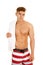 Man red white stripe shorts towel over shoulder