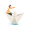 Man in Red White Striped T-Shirt Boating on River, Lake or Pond in Paper Boat Vector Illustration