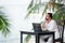 Man relaxing on the beach with laptop, freelancer workplace, dream job