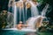 Man relaxing with freedom open arms in waterfall in tropical nature. Wellness spa concept in holiday nature