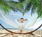 Man relaxing in hammock under palm leaves on sunlit beach