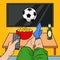Man with Remote Control Watching Football on TV in Living Room. Pop Art illustration