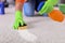 Man removing dirt from carpet, closeup. Cleaning service