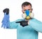 Man in respirator and gloves showing on protective gloves over white background