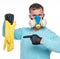 Man in respirator and gloves showing on protective gloves over white background