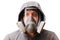A man in a respirator mask with an increased degree of protection against harmful environmental factors. Full face mask