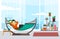 Man resting in apartment on hammock illustration. Male character lying comfortably and watching video laptop cozy home