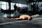 a man resting lies on the floor in the gym, he is very tired and feels bad after a workout, cross fit