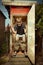 Man resting on old style latrine in wooden cabin outdoor