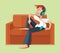 Man resting on sofa couch indoor and listening music. Vector illustration