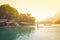 A Man ride a boat at beautiful resort