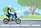 Man Ride Moped Electric Scooter, Motorcycle Wearing Hemlet Nature Background