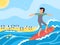 Man ride on surfboard flat vector illustration