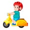 The man ride the yellow scooter motorcycle and use the red helmet